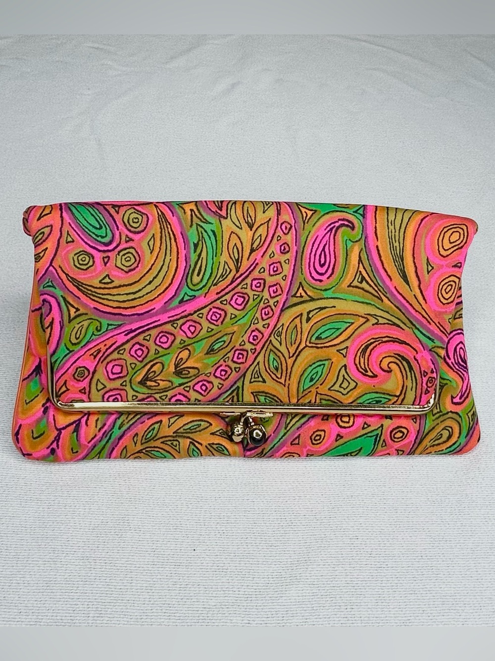 Vintage Psychedelic Paisley Clutch Fold Over Purse Pucci Vibes Pink & Green